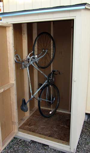 Here is a sneak preview of the inside of my vertical bike storage shed